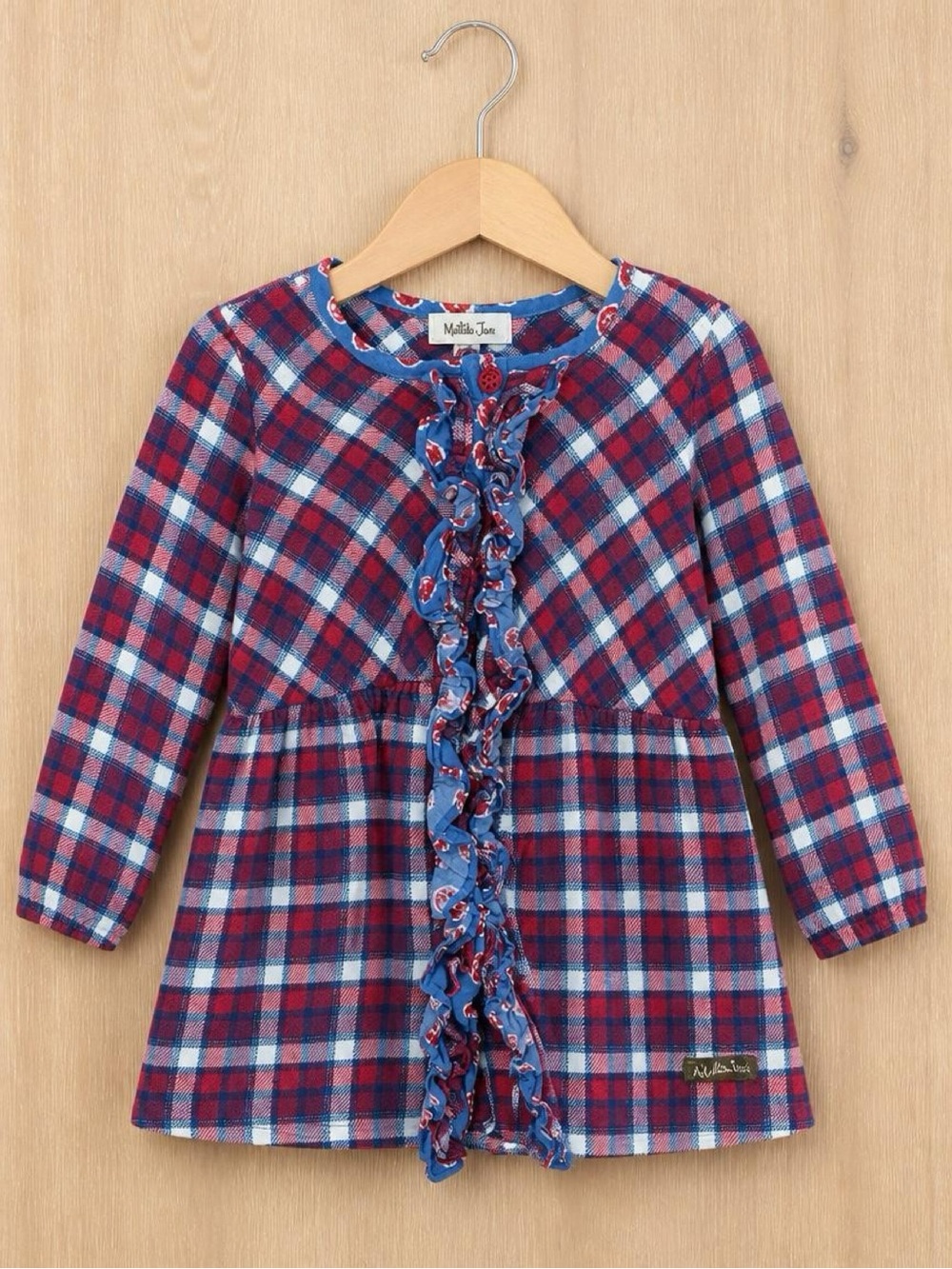 Matilda Jane Girls Size 4 Plaid Ruffle Tunic Top Red Blue Long Sleeve